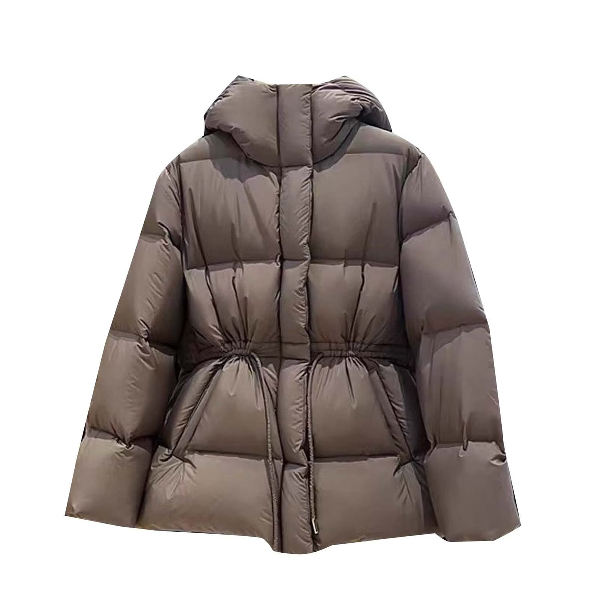 ZEYA Carmen Oversized Drawstring Waist Puffer Jacket in Brown