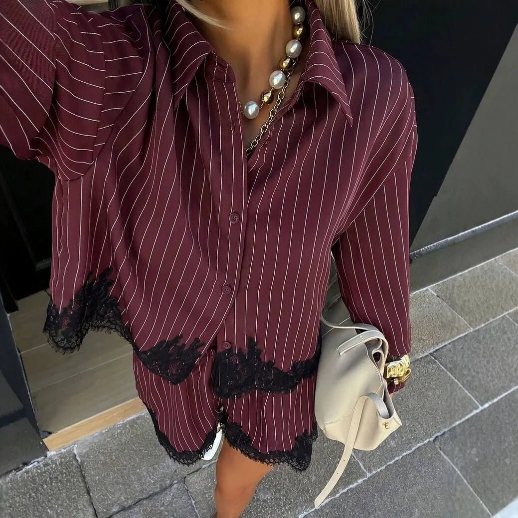Sabrina Pinstripe Lace Trim Shorts Set