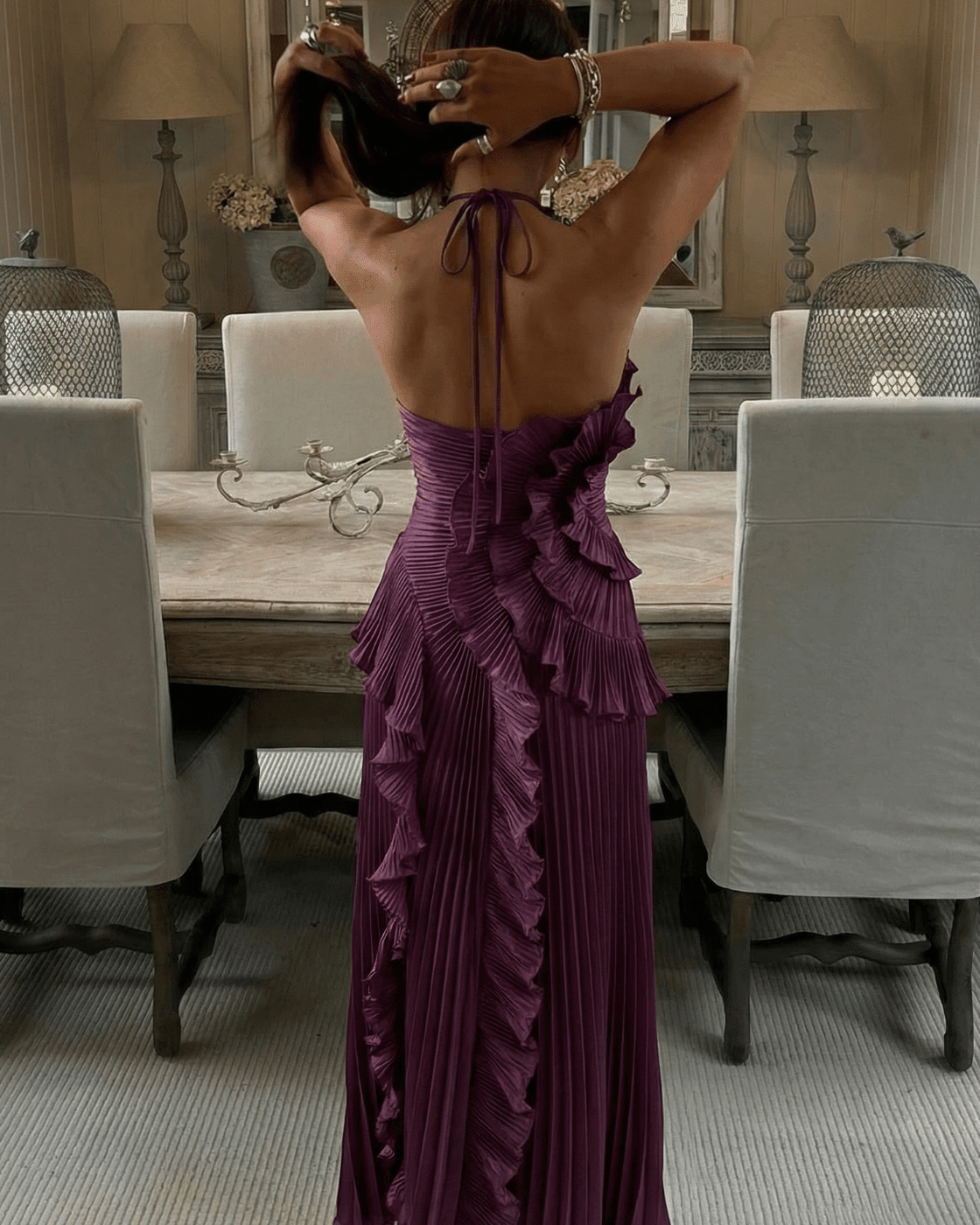 ZEYA - Bayley Halter Pleated Ruffle Maxi Dress