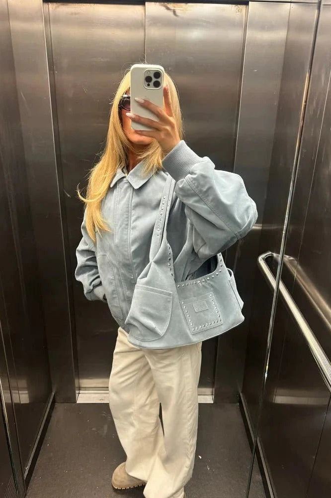 ZEYA - Camille Babyblue Suede Bomber Jacket