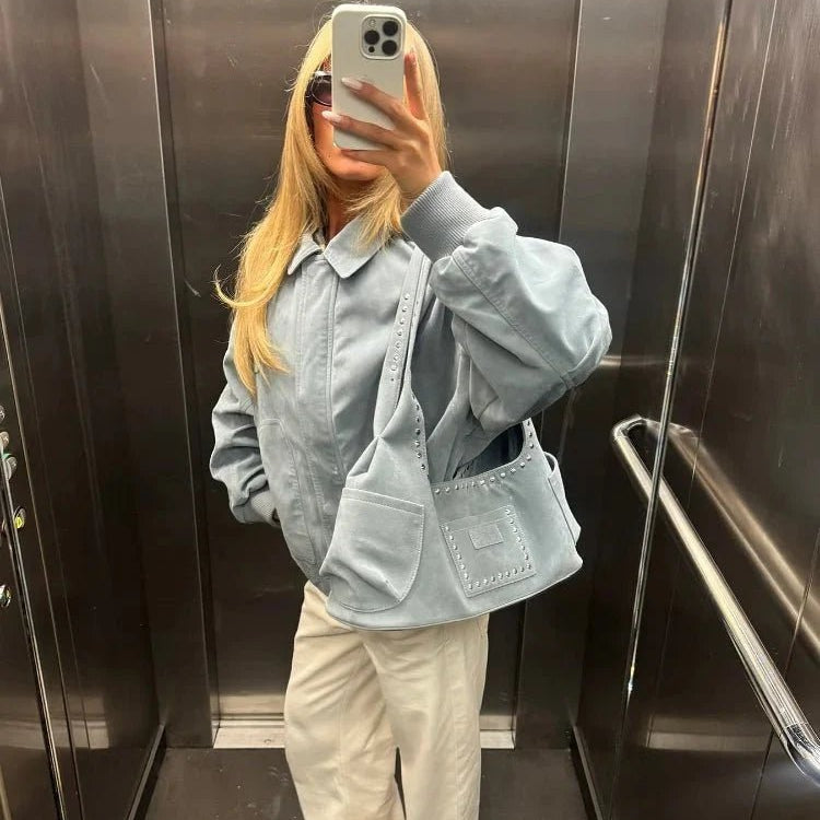 ZEYA - Camille Babyblue Suede Bomber Jacket