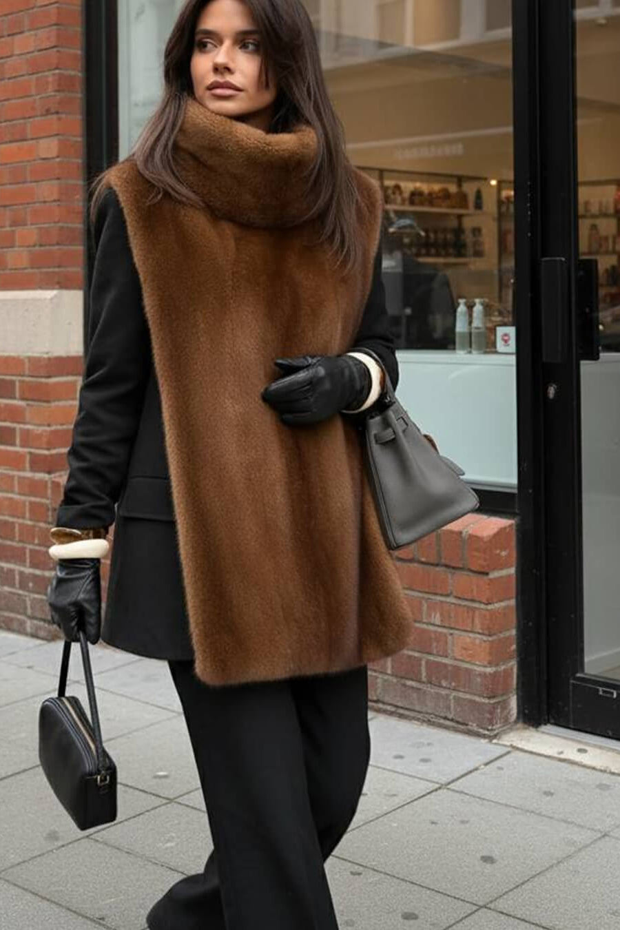 Woman wearing a brown fur scarf and black coat standing in front of a store.