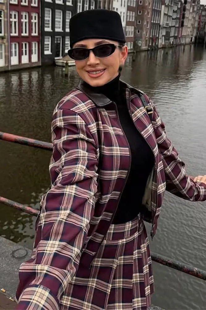 ZEYA - Denise Check Bomber Jacket Skort Set