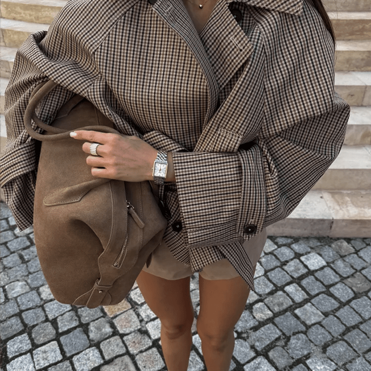 ZEYA - Fiona Plaid Funnel Collar Trench Coat