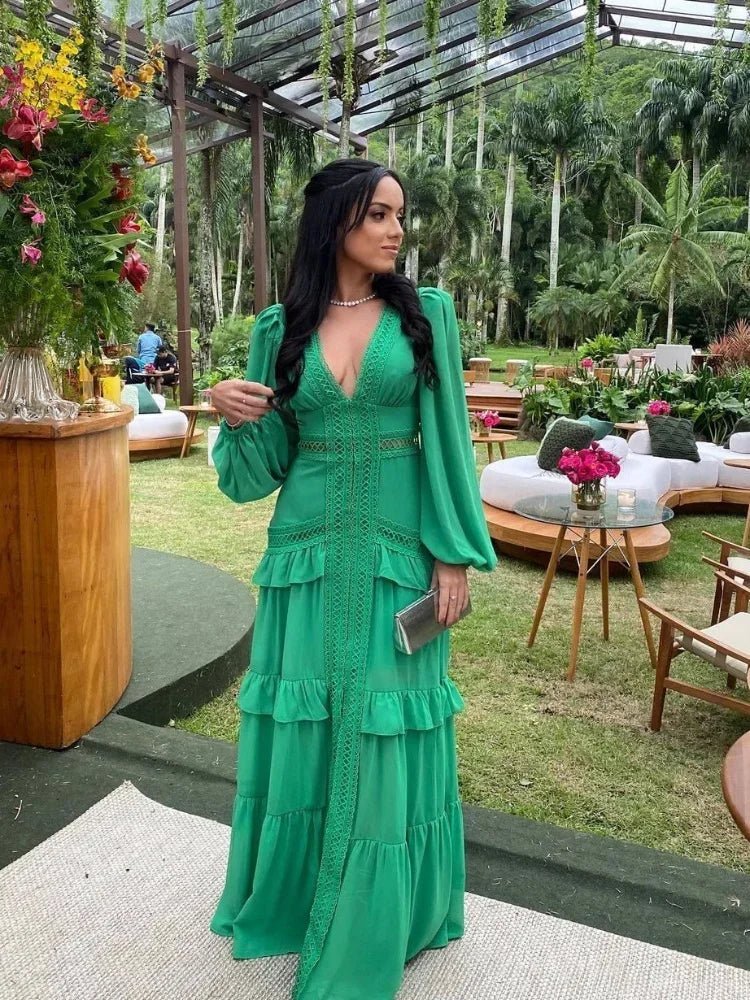 ZEYA - Imani Deep V - Neck Ruffle Maxi Dress