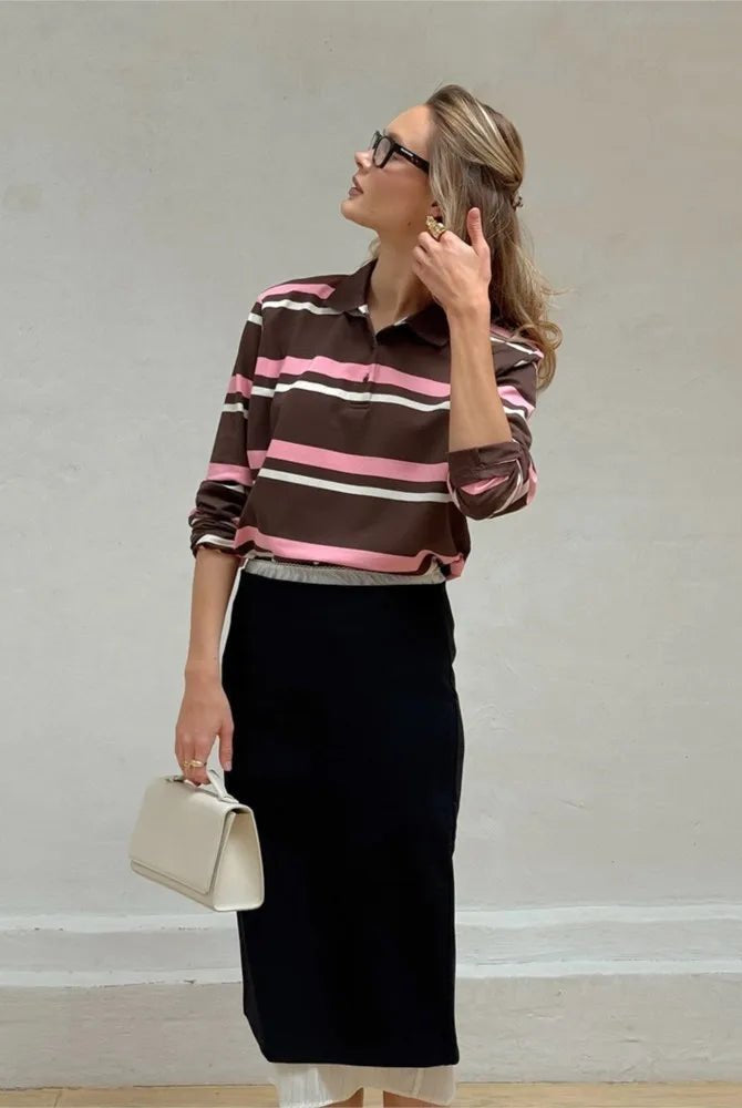 ZEYA - Laura Striped Polo Long Sleeve Top