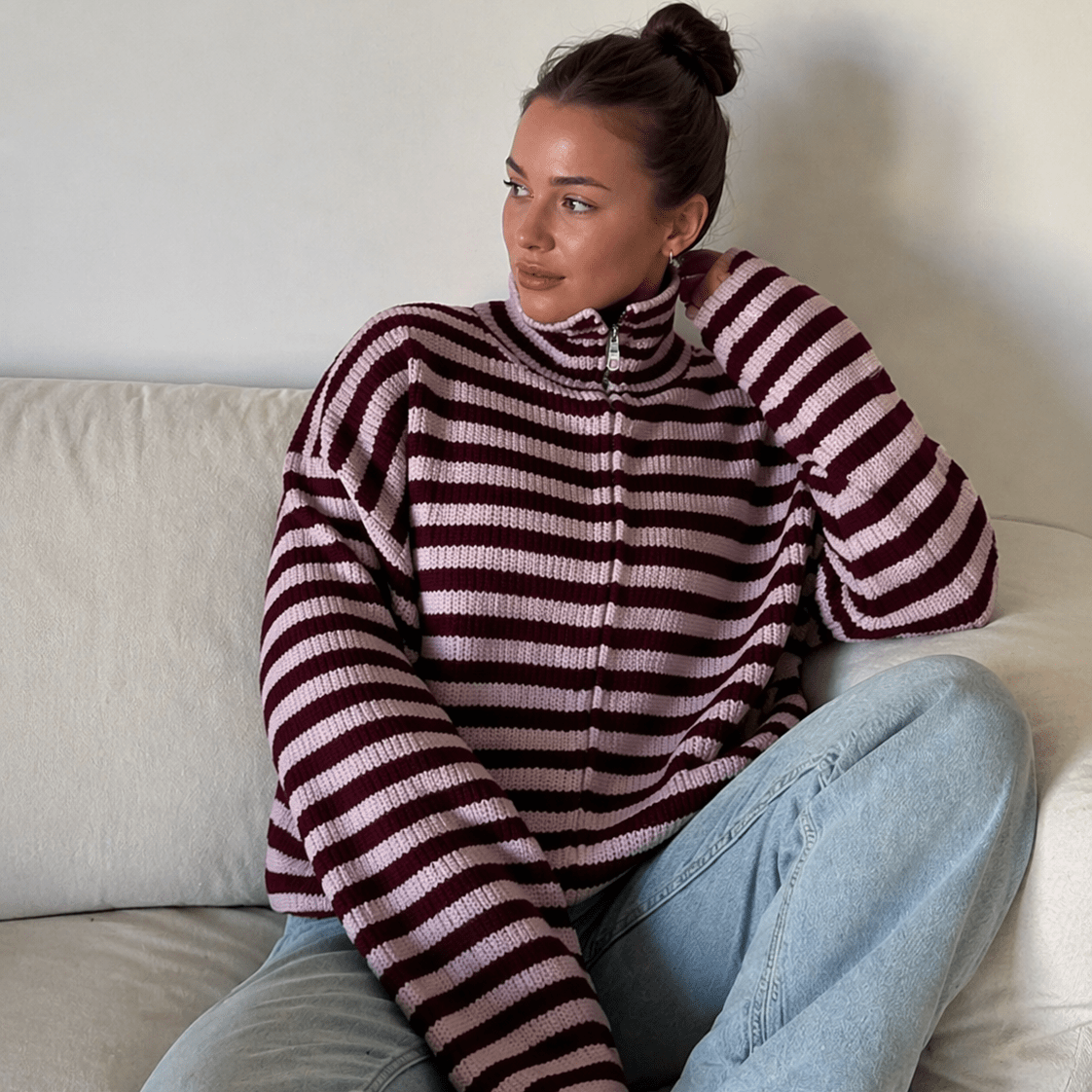 ZEYA - Leah Striped Knit High-Neck Sweater