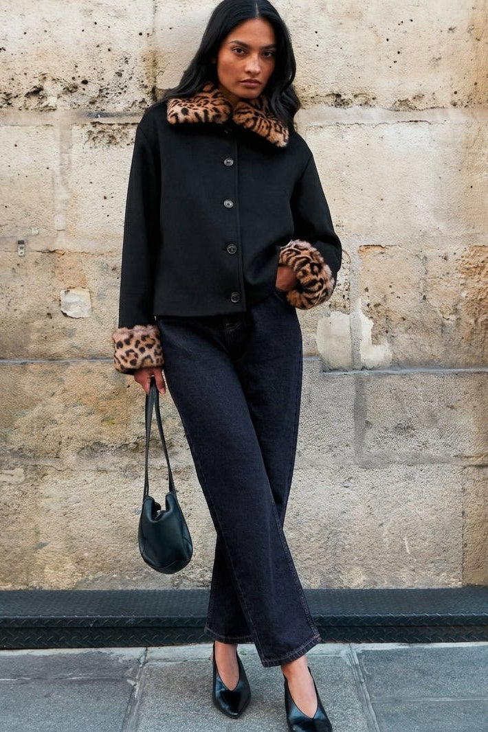 ZEYA - Lily Leopard Faux Fur Trim Button-Up Jacket