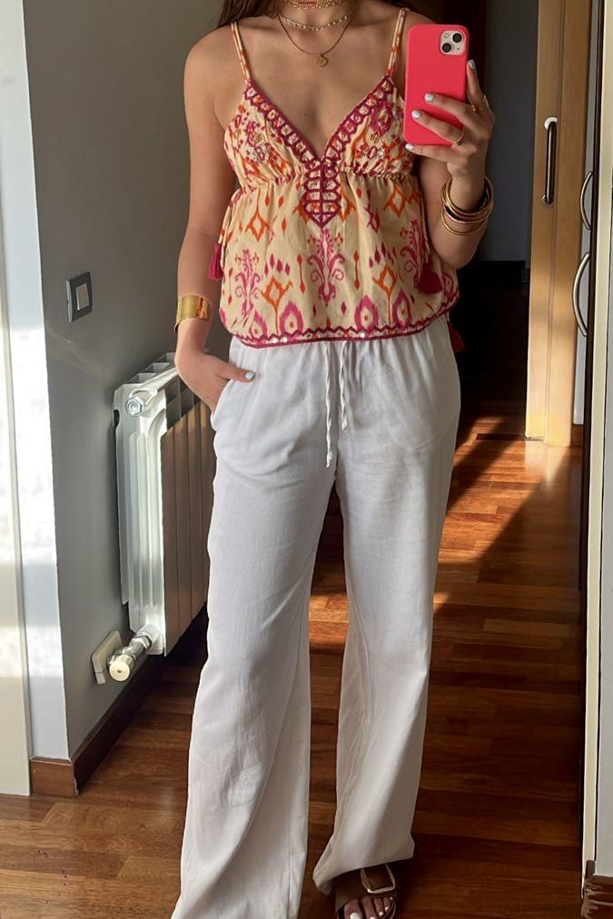 ZEYA - Mia Embroidered Boho Tassel Tie Cami Top
