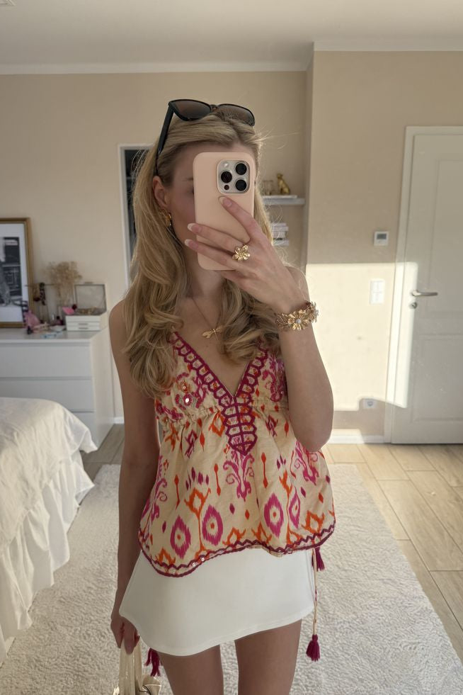 ZEYA - Mia Embroidered Boho Tassel Tie Cami Top
