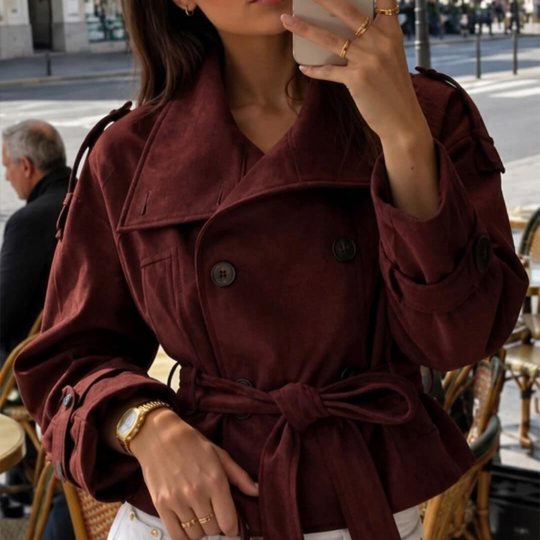 ZEYA - Nicole Funnel Neck Faux Suede Belted Jacket