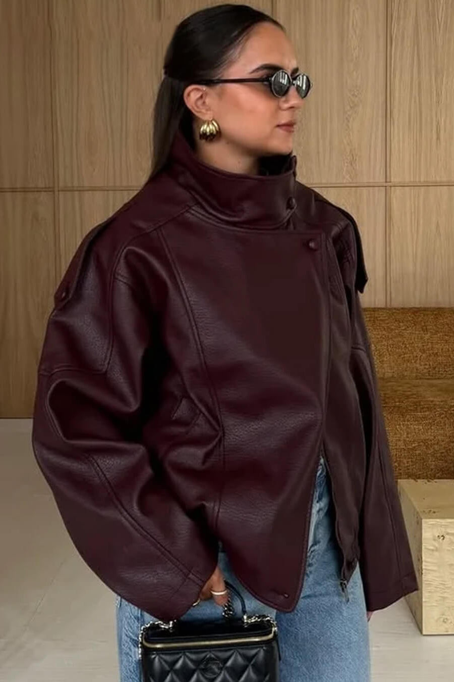 ZEYA - Nikka Faux Leather Stand Collar Jacket