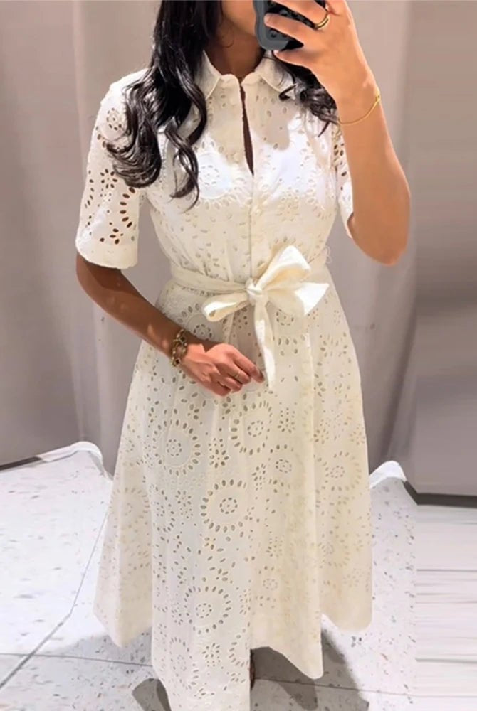 ZEYA - Rosie Embroidered Belted Midi Dress