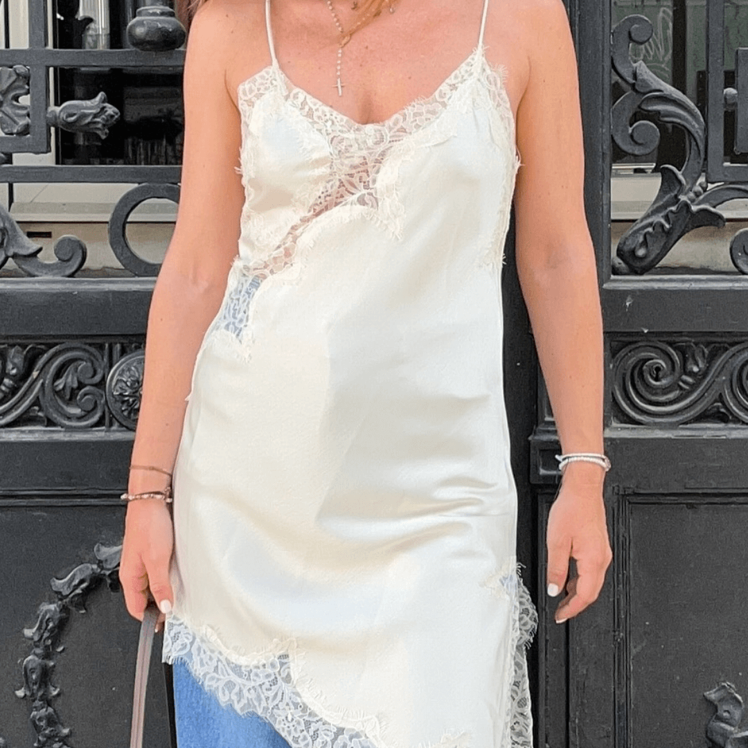ZEYA - Sophia Asymmetric Satin Lace Midi Dress