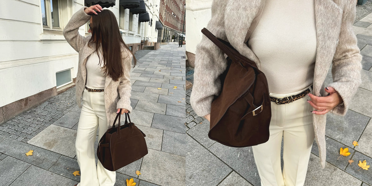 Style urbain en superpositions crème avec un sac à main marron, présenté en tenue complète et en gros plan sur les détails.