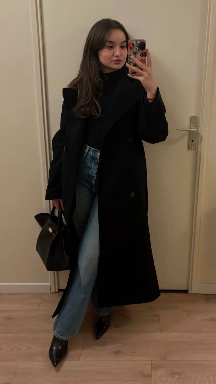 ZEYA Feline Long Belted High Collar Coat in Black