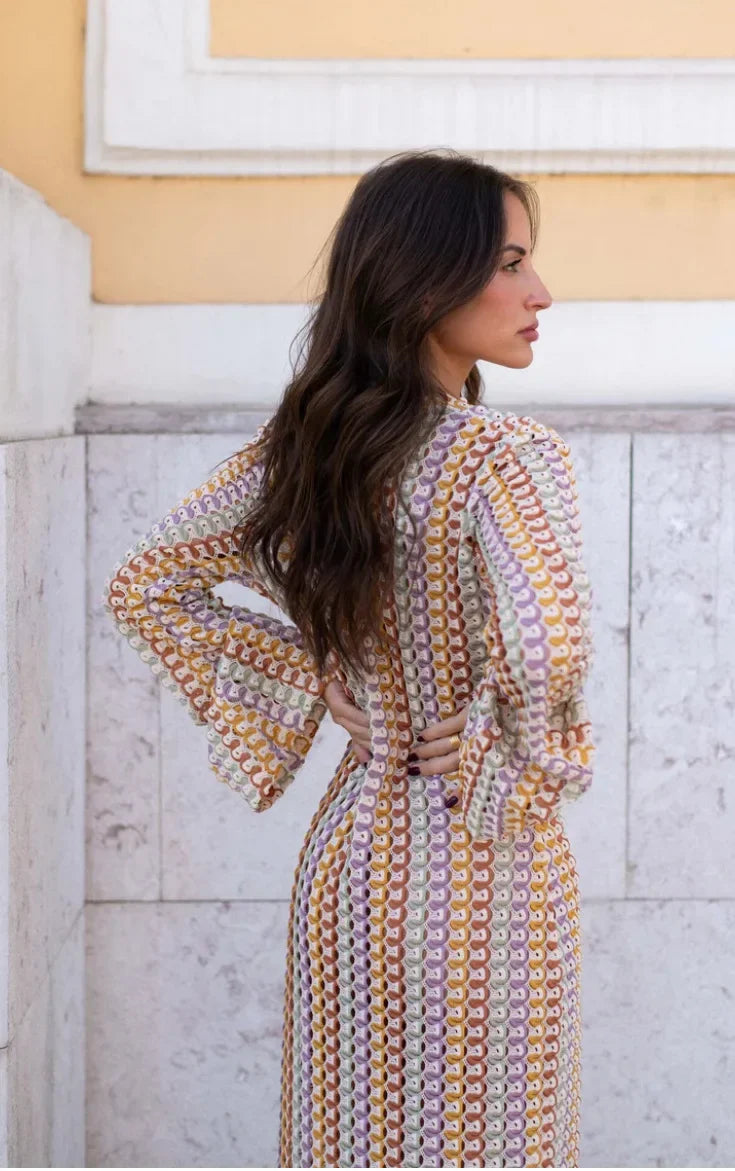 Sophia robe maxi rayée en crochet à manches évasées