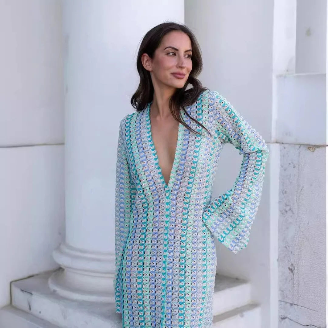 Sophia robe maxi rayée en crochet à manches évasées