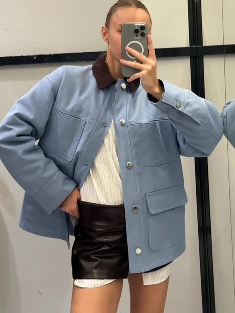 Casual Blue Women's Jacket with Multiple Patch Pockets, Corduroy Collar, Single Breasted, Chic Spring Coat for Women 0