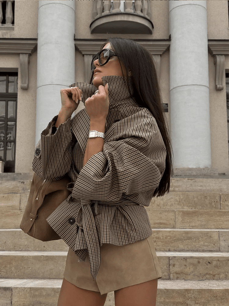 Fiona Plaid Funnel Collar Trench Coat