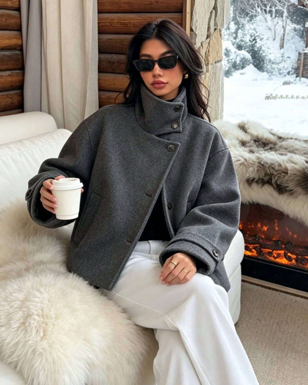Manteau Monica Rose à boucle et col montant