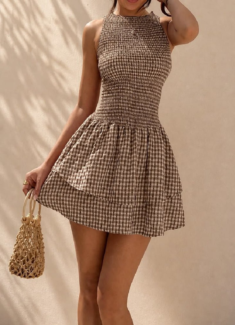 Robe courte à carreaux Linda avec smocks
