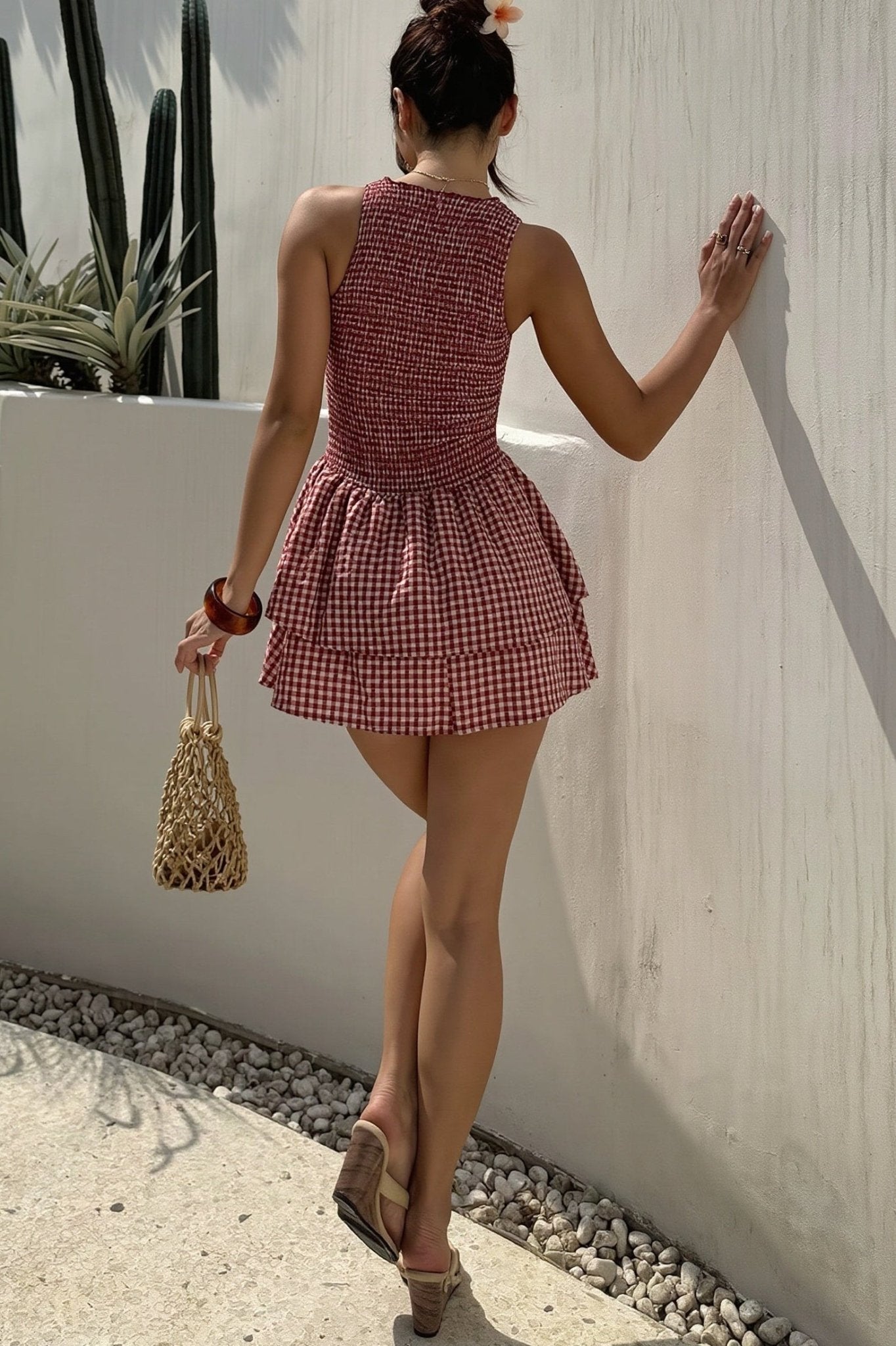 Robe courte à carreaux Linda avec smocks
