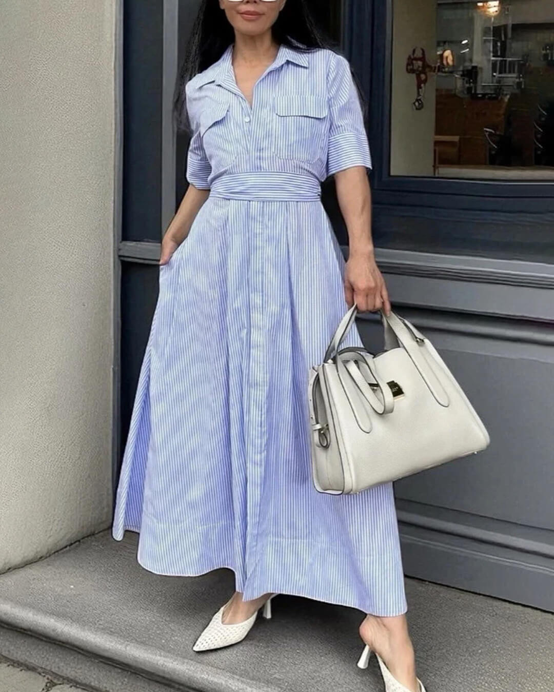 Winona Striped Lace-Up Collar Maxi Dress