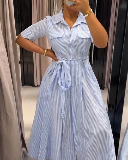Winona Striped Lace-Up Collar Maxi Dress