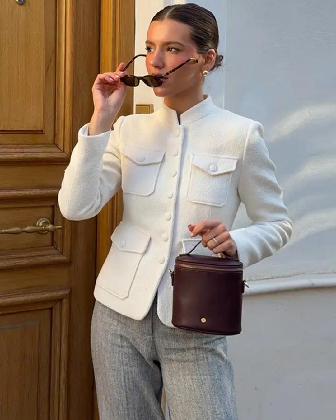 Anna Stand Collar Flap Pockets Blazer