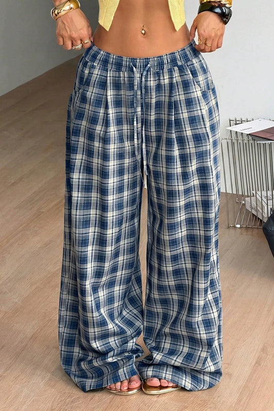 Jessica Plaid Wide Leg Drawstring Pants