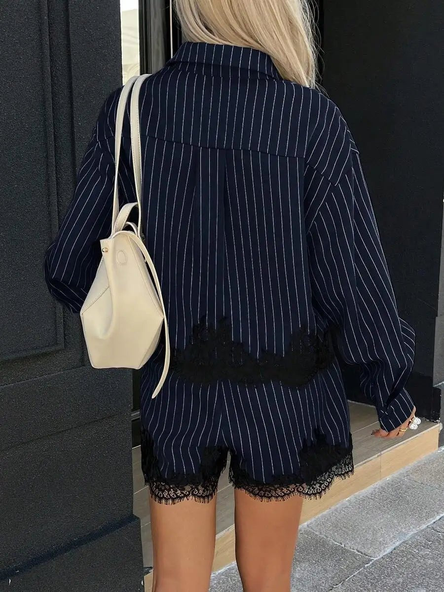 Sabrina Pinstripe Lace Trim Shorts Set