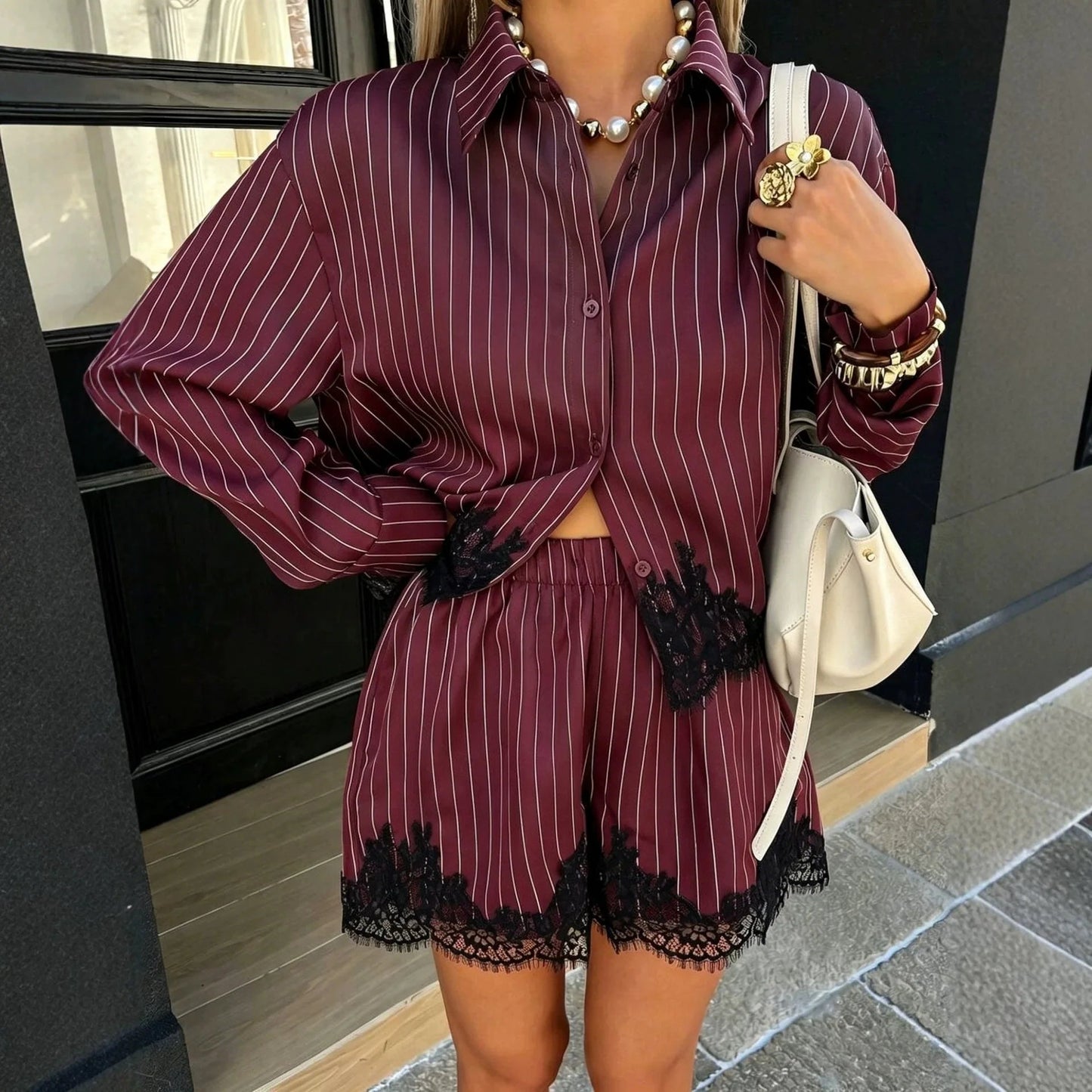 Sabrina Pinstripe Lace Trim Shorts Set