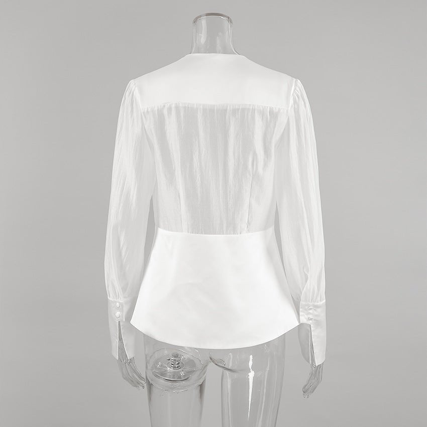 Lydia Deep Neck Sheer Button Blouse