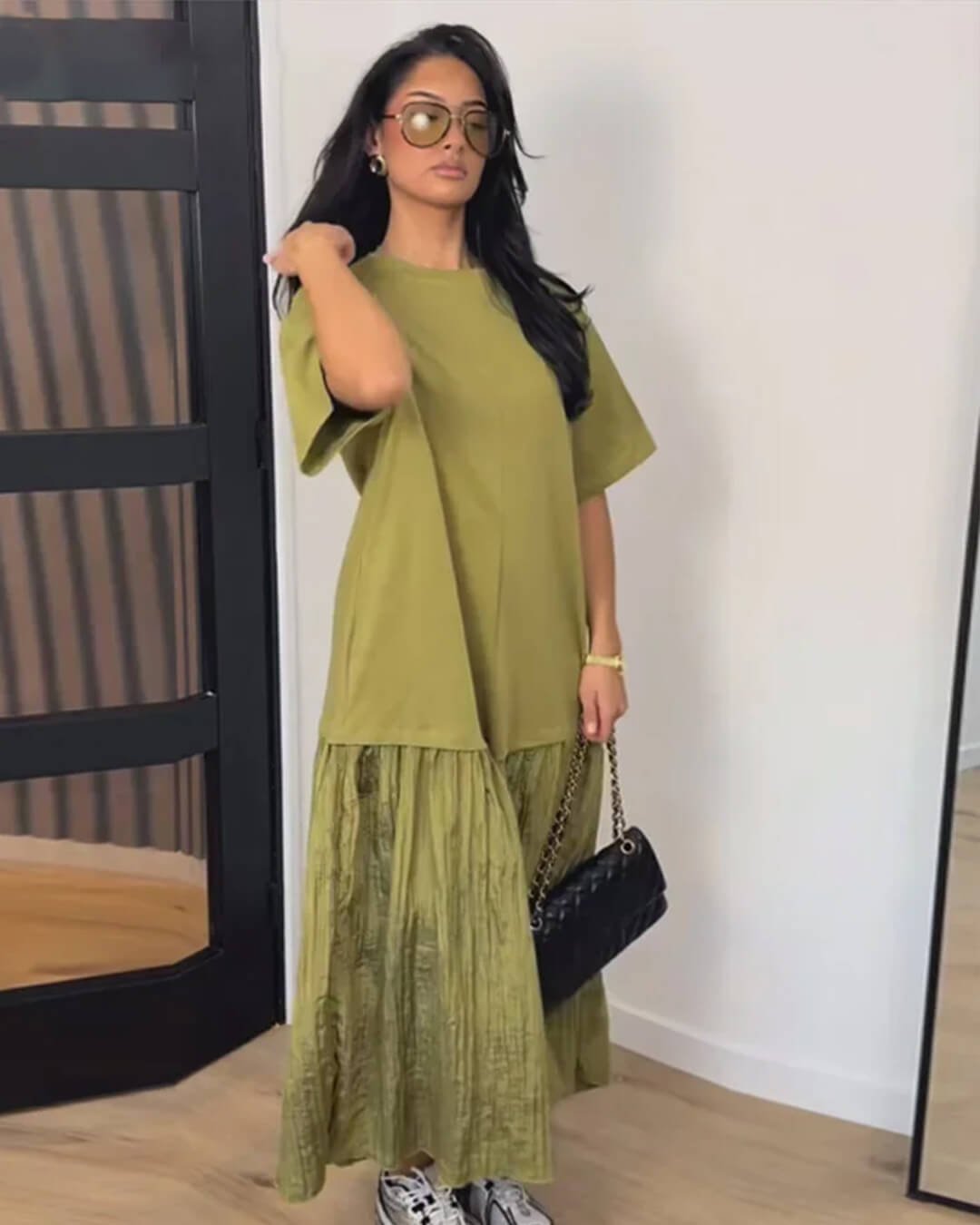 ZEYA - Amybeth Pleated Patchwork Midi Dress