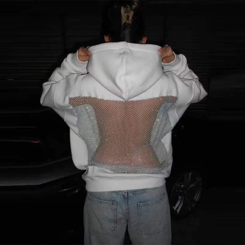 ZEYA - Bridget Rhinestone Mesh Open Back Hoodie