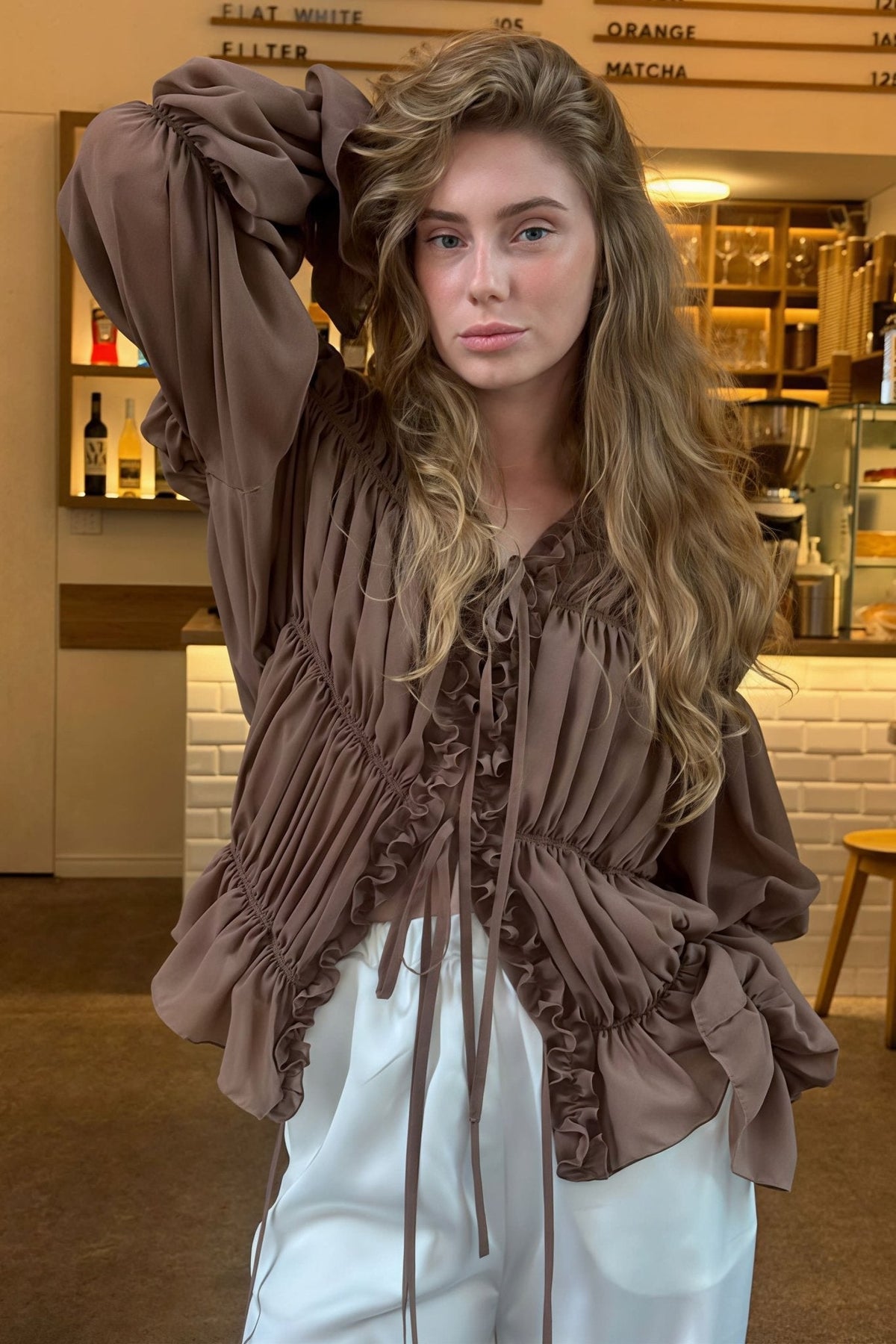 ZEYA - Caitriona Ruched Ruffle Tie Blouse