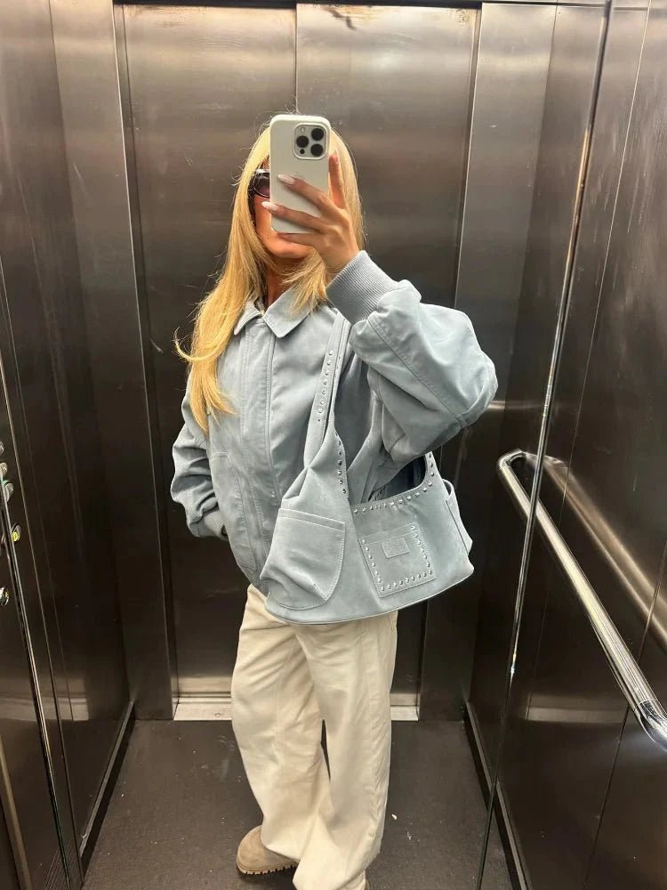 ZEYA - Camille Babyblue Suede Bomber Jacket