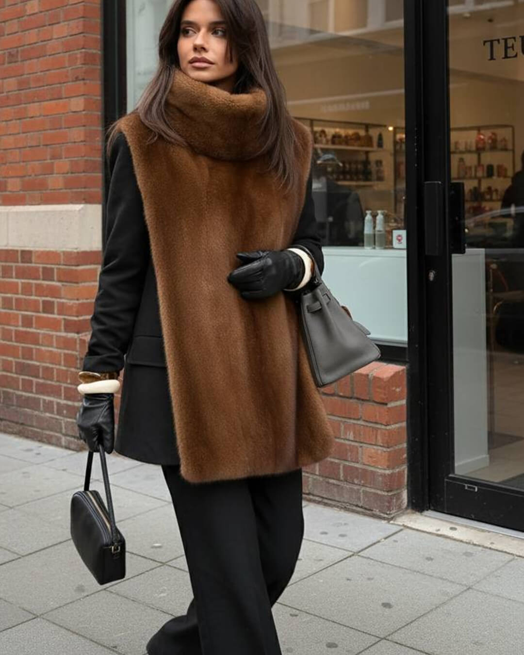 Woman wearing a brown fur scarf and black coat standing in front of a store.