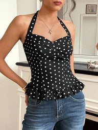 Carmina Polka Dot Halter Ruffle Crop Top