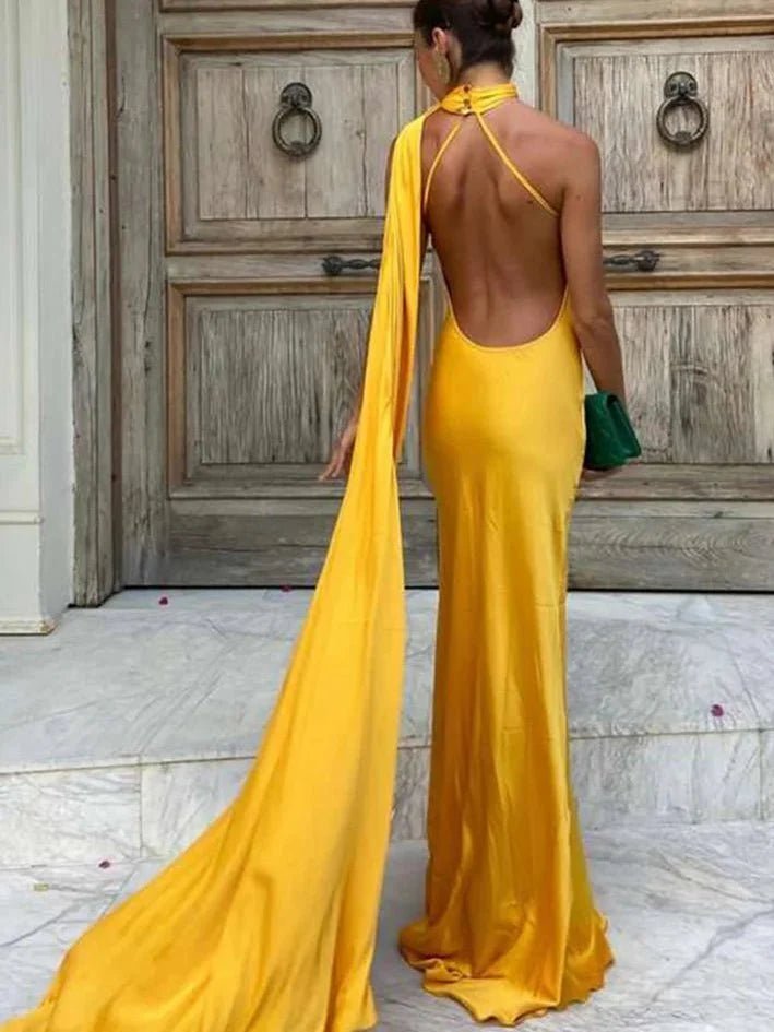 ZEYA - Celeste Satin Halter Backless Evening Gown
