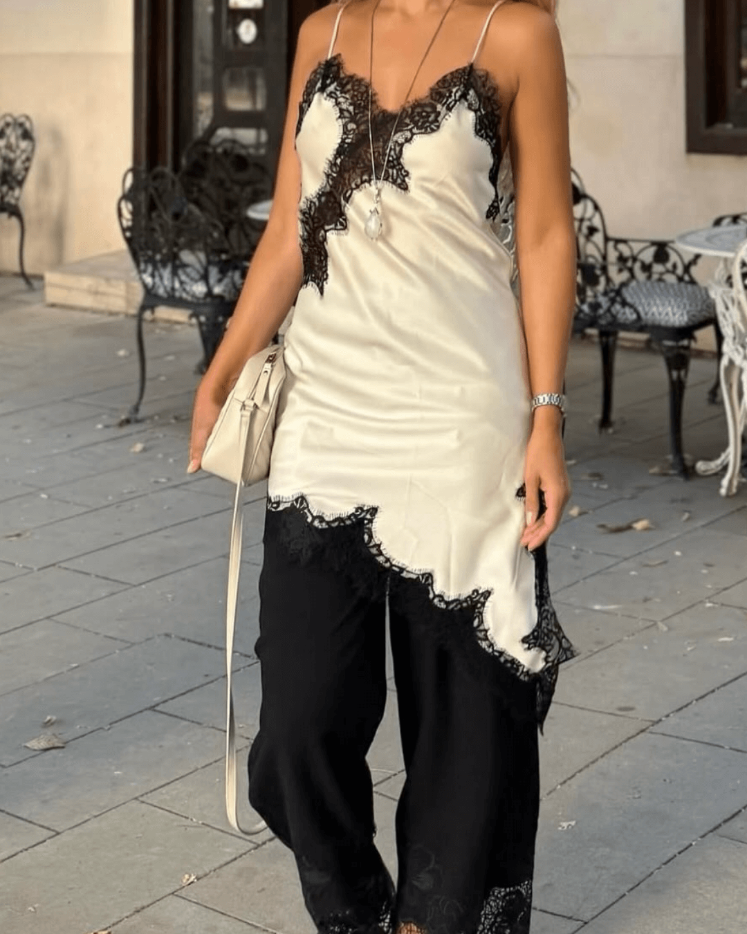 ZEYA - Chiara Asymmetric Satin Lace Midi Dress