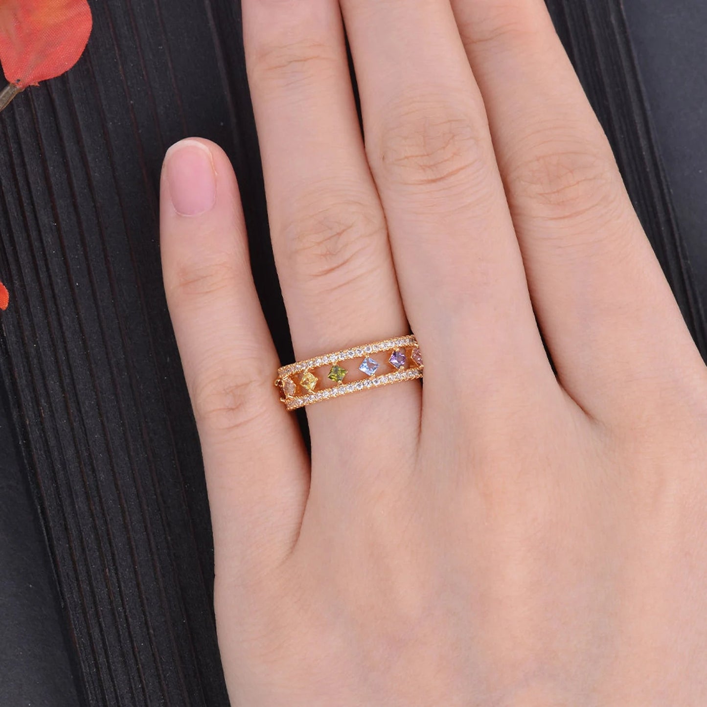 ZEYA - Emily Ring - Dainty Square Ring with Rainbow Crystal for Women