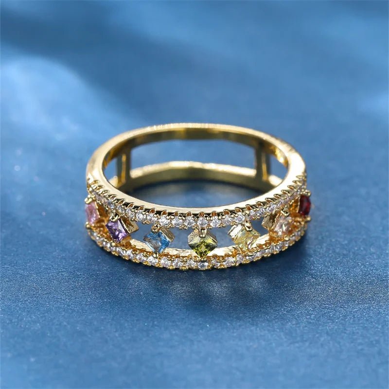 ZEYA - Emily Ring - Dainty Square Ring with Rainbow Crystal for Women