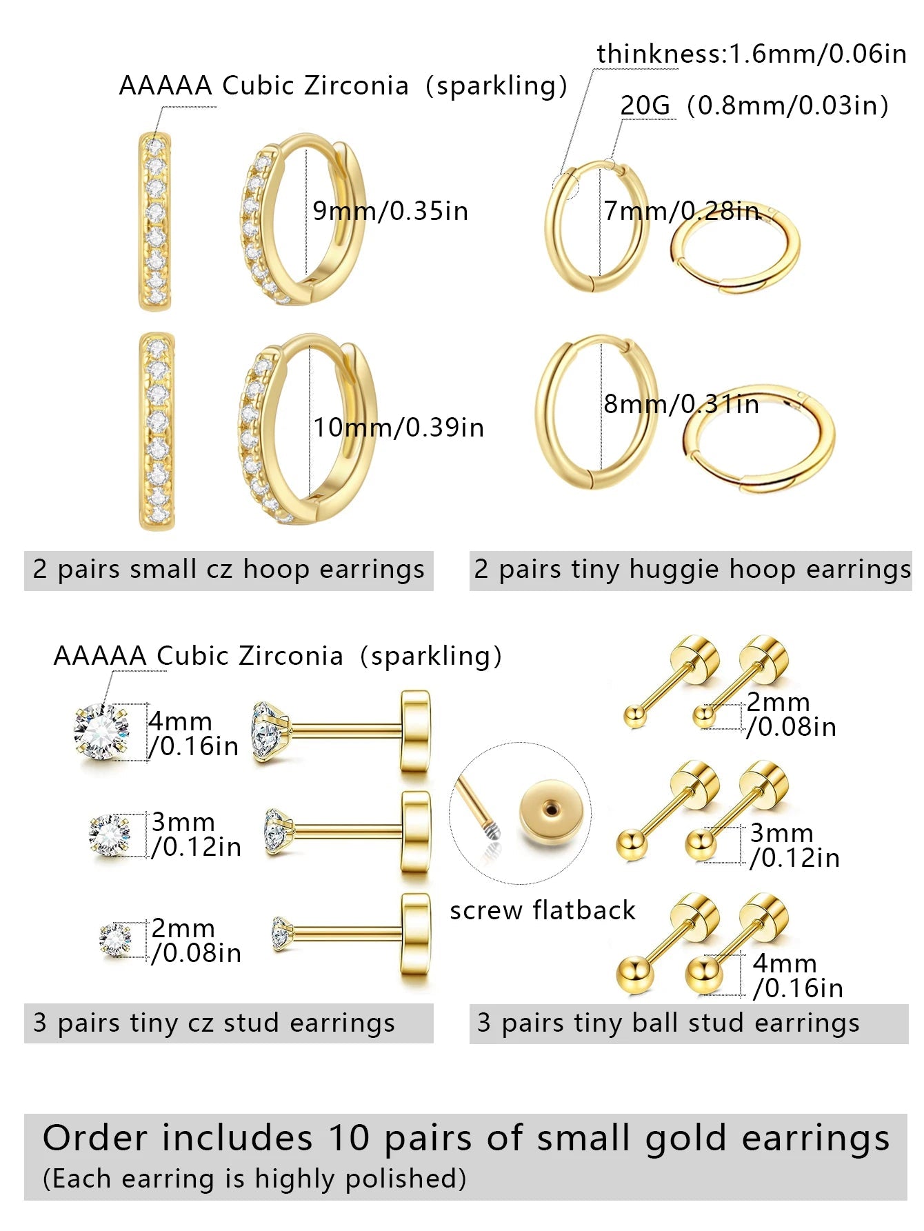 ZEYA - Emma Earrings Set - 10 Pairs of 18K Gold Hoop Earrings for Women, Lightweight & Versatile
