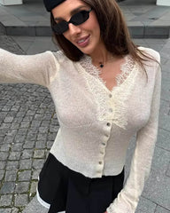 Cardigan Emma à col en V et bordure en dentelle