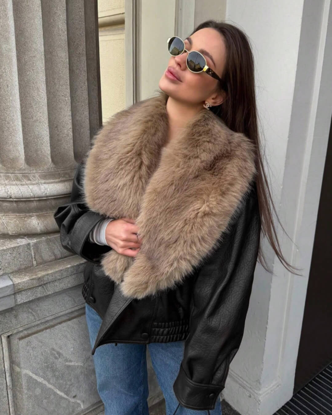 ZEYA - Felicity Faux Leather Jacket with Detachable Fur Collar