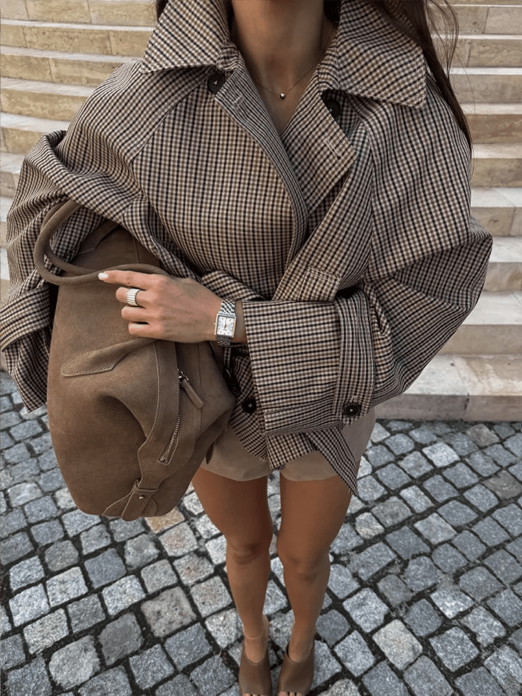 ZEYA - Fiona Plaid Funnel Collar Trench Coat