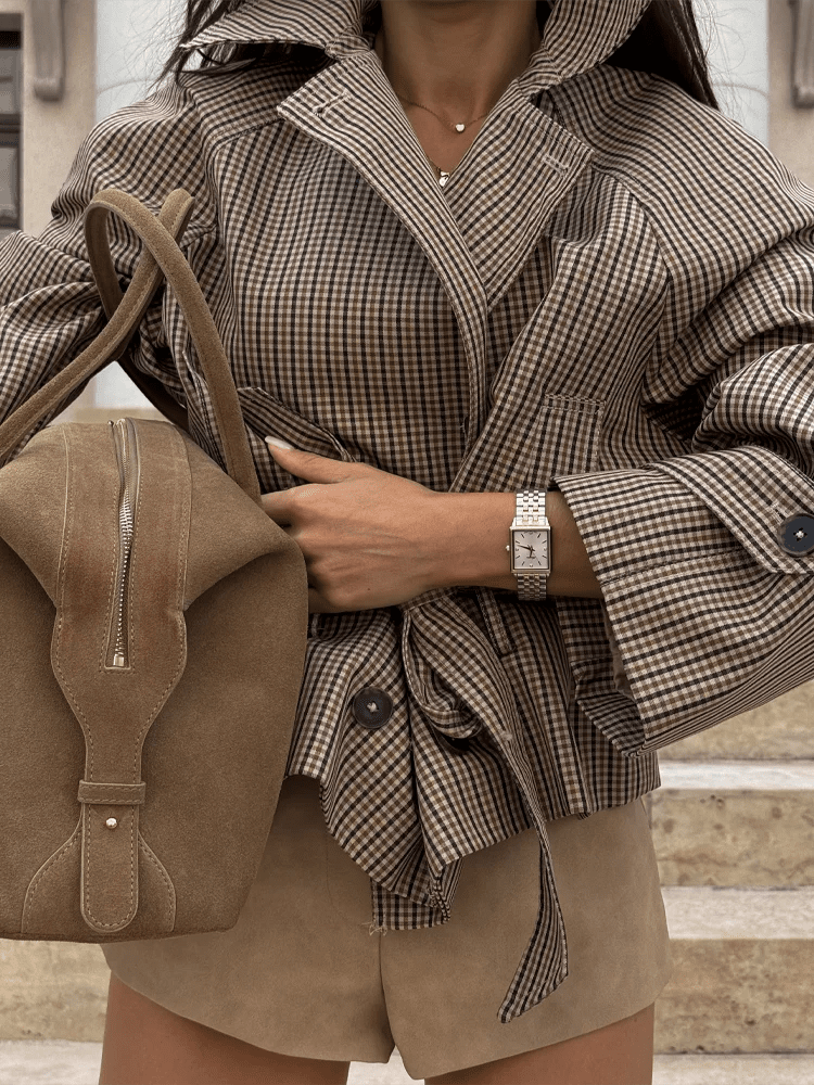 ZEYA - Fiona Plaid Funnel Collar Trench Coat