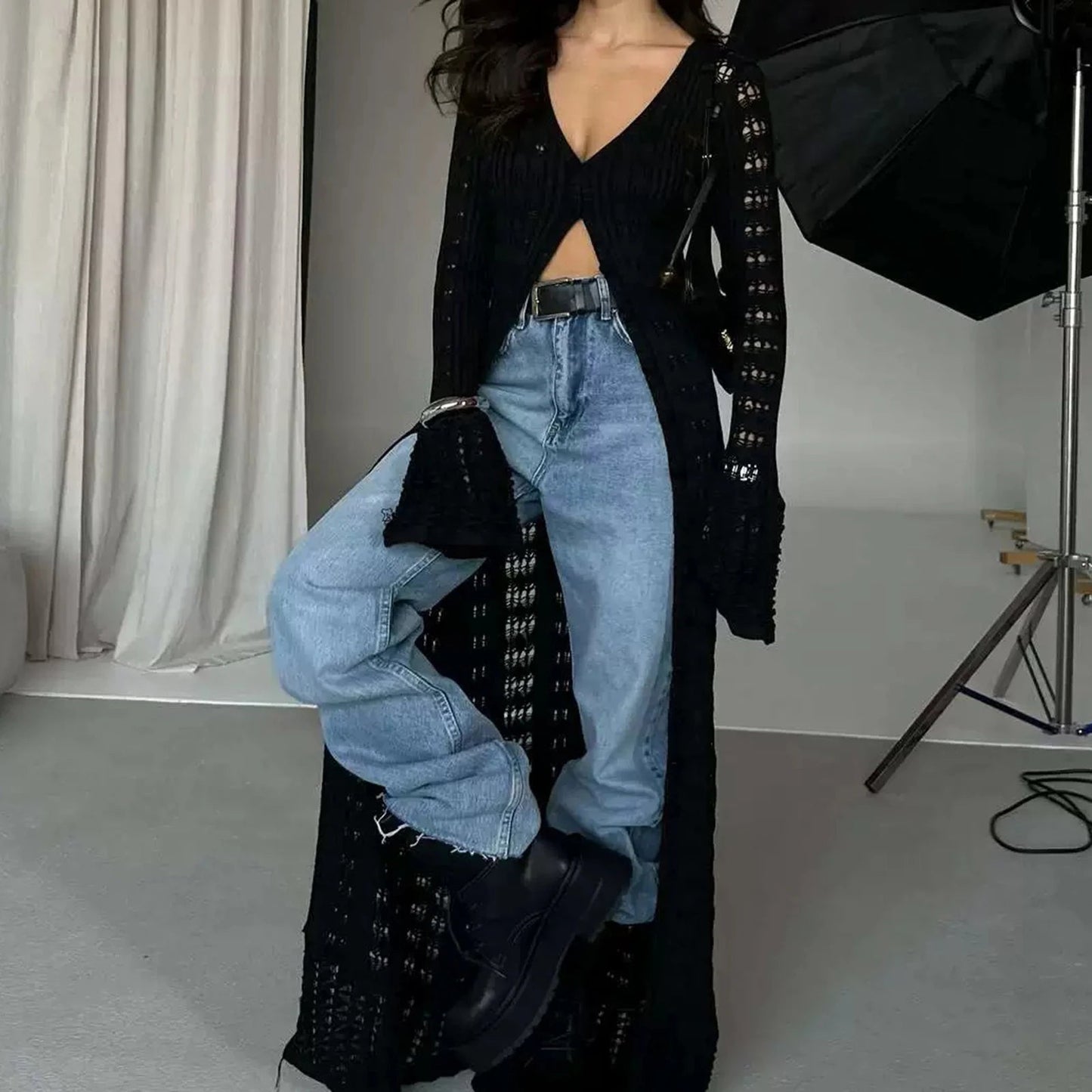 ZEYA - Genevra Hollowed V - Neck Long Cardigan